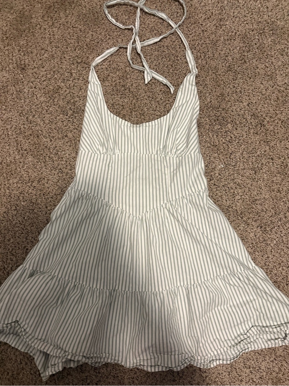 wild fable White and Pale Green Striped Halter Tiered Mini Dress